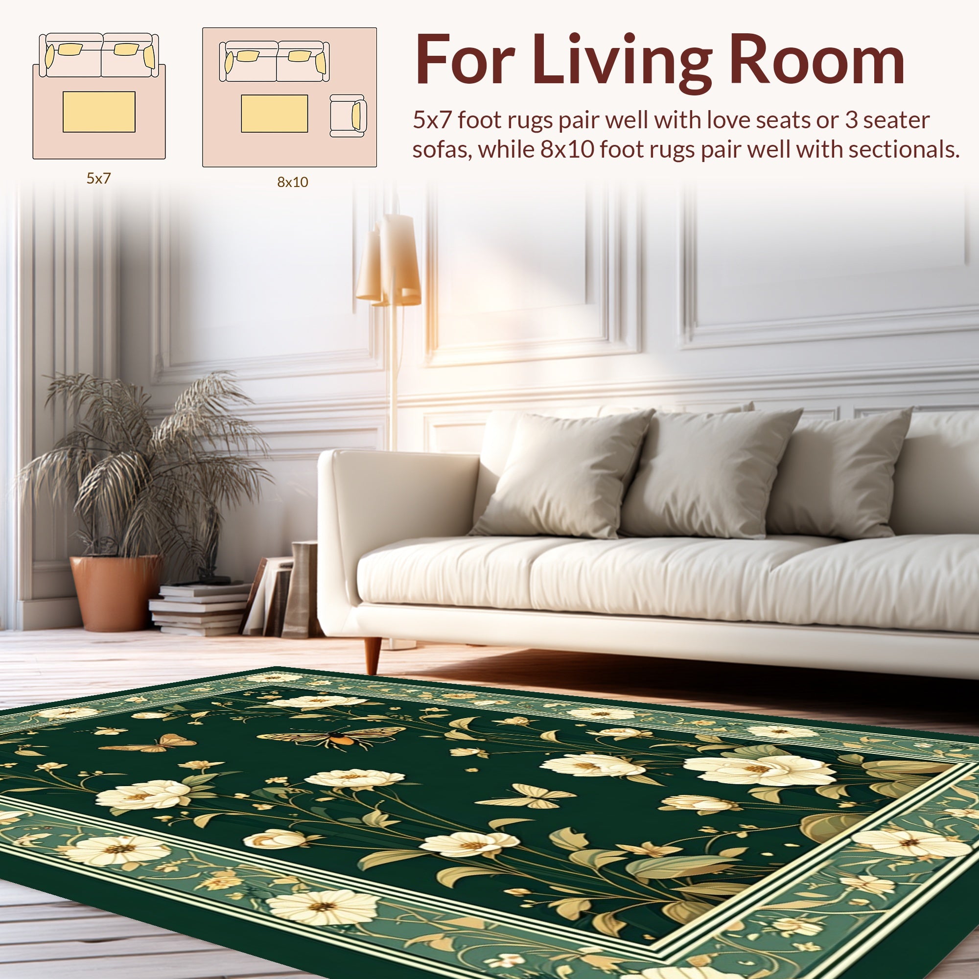 Elegant Emerald Floral Butterfly Design Rug