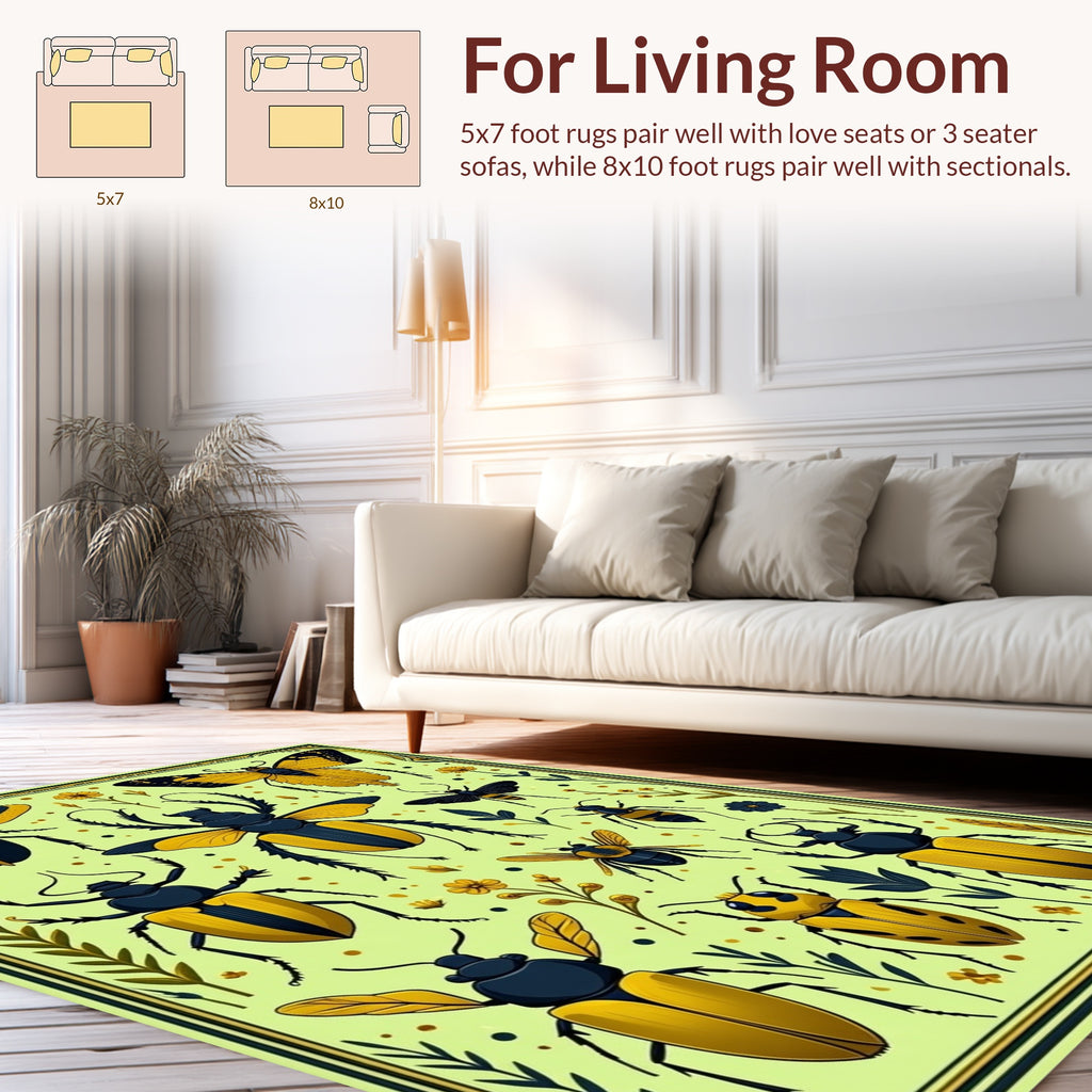 Bold Black Yellow Insect Garden Pattern Rug