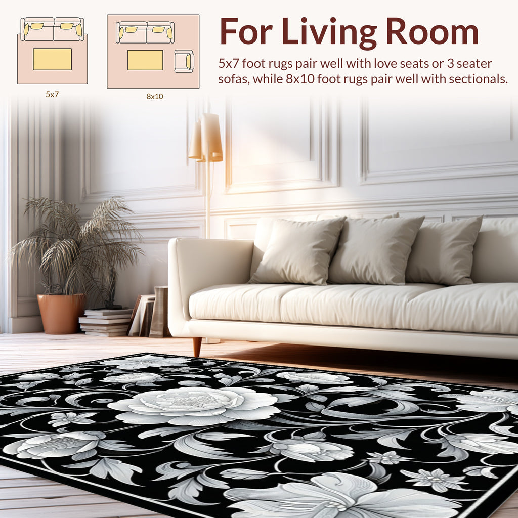Elegant Black White Floral Scrollwork Rug