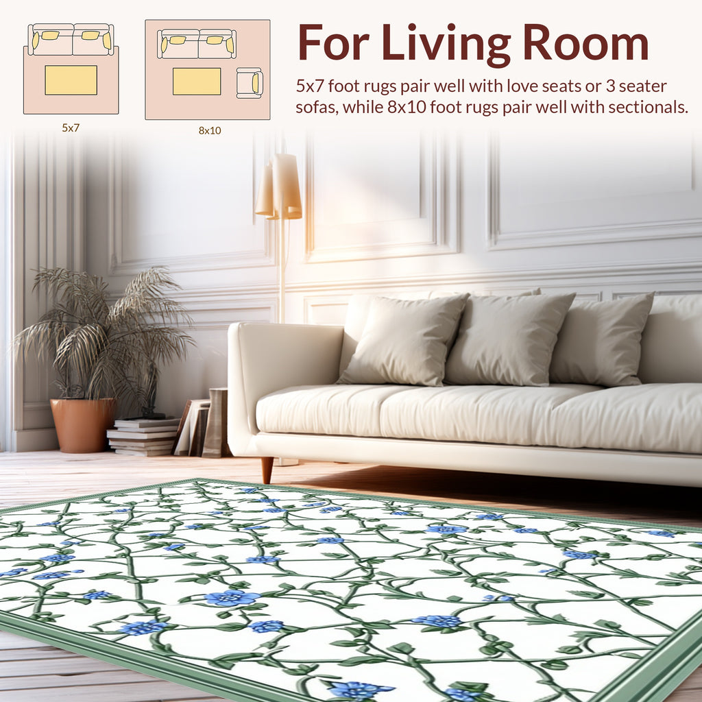 Blue Floral Vine Lattice Pattern Rug