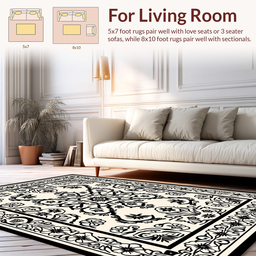 Ornate Floral Symmetry Black Cream Rug