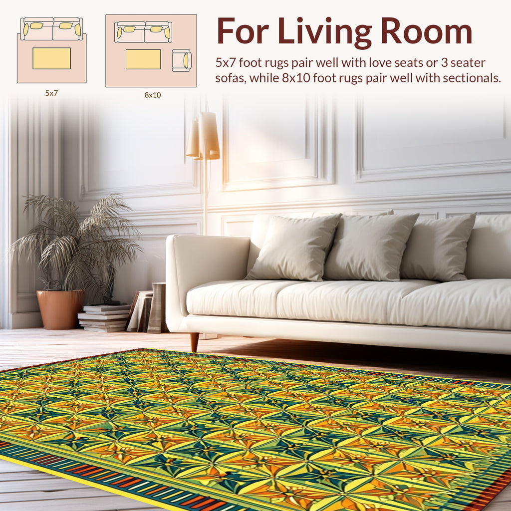 Golden Yellow Geometric Starburst Pattern Rug