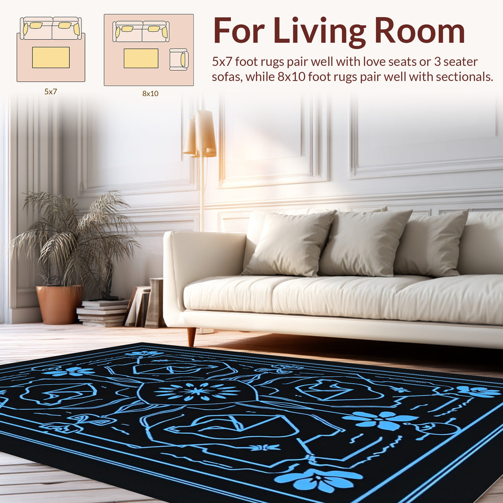 Symmetrical Blue Floral And Geometric Pattern Rug
