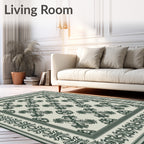 Dark Green Scrollwork Border Medallion Rug