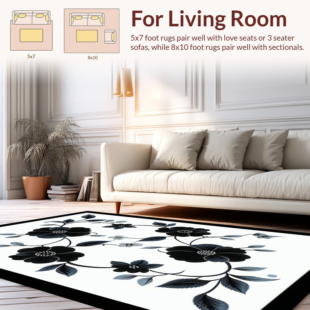 Elegant Black Floral Vine Pattern Rug