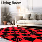 Bold Red Black Checkered Crest Rug