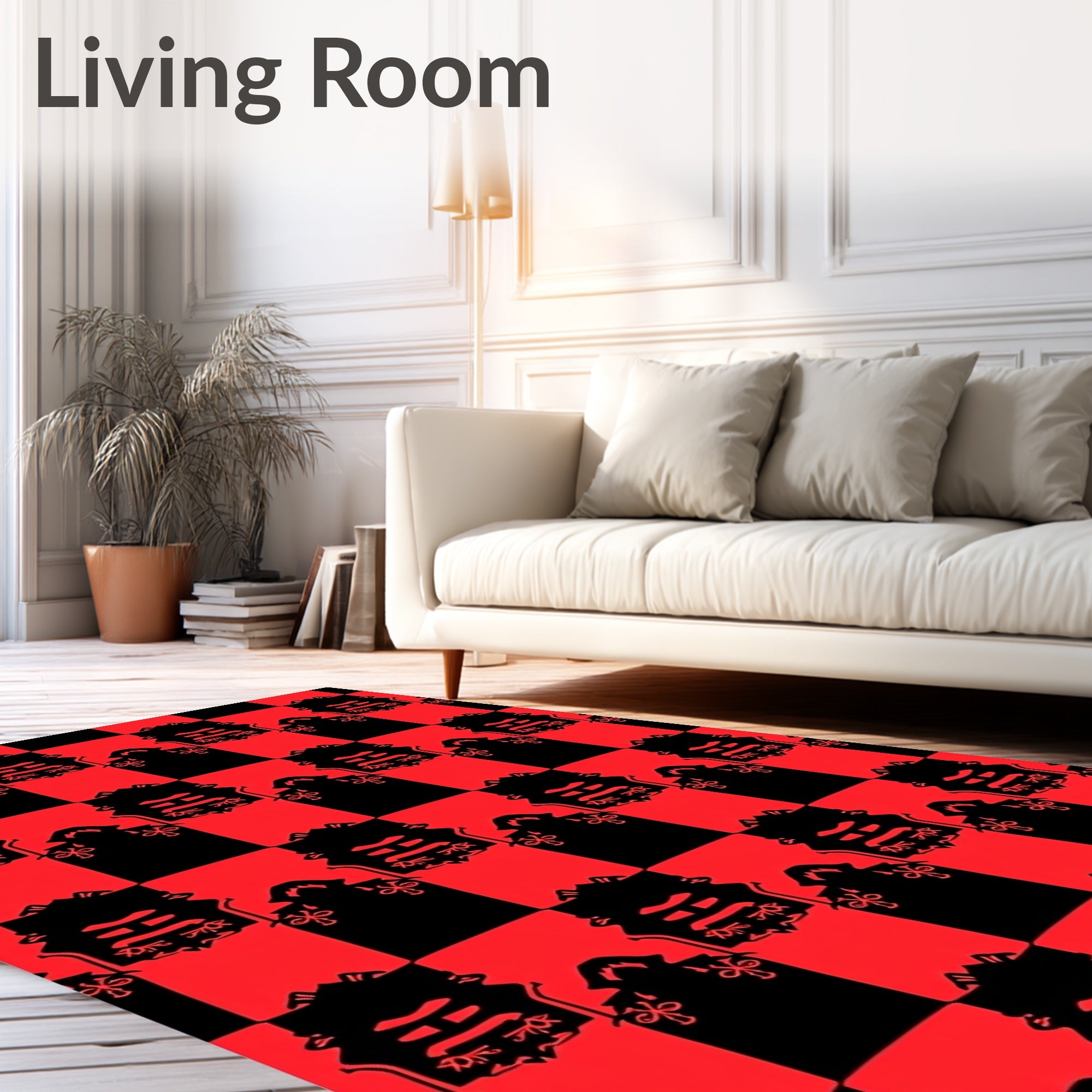 Bold Red Black Checkered Crest Rug