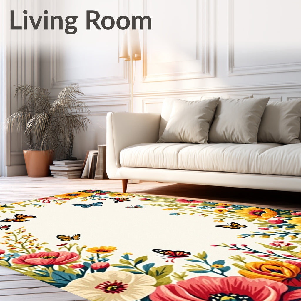 Floral Butterflies Vibrant Garden Print Rug