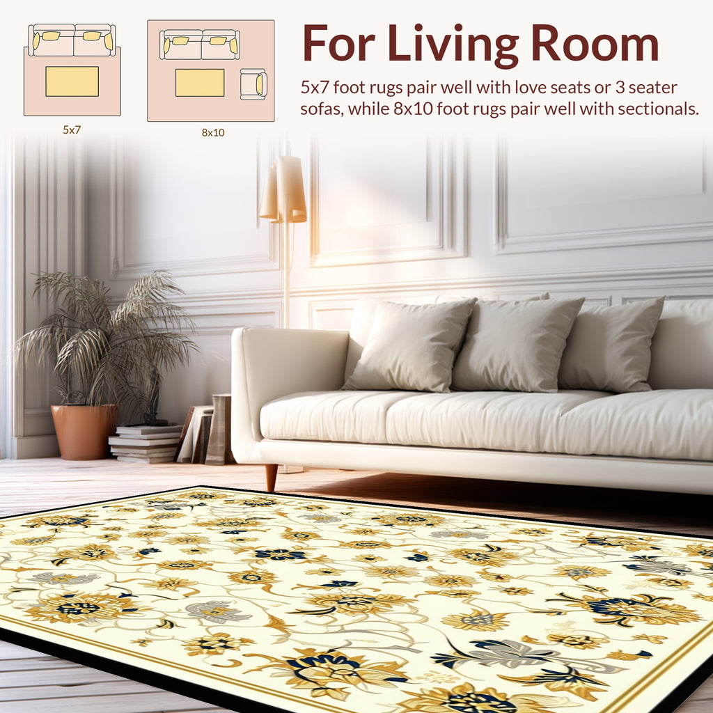 Classic Blue Gold Floral Pattern Rug