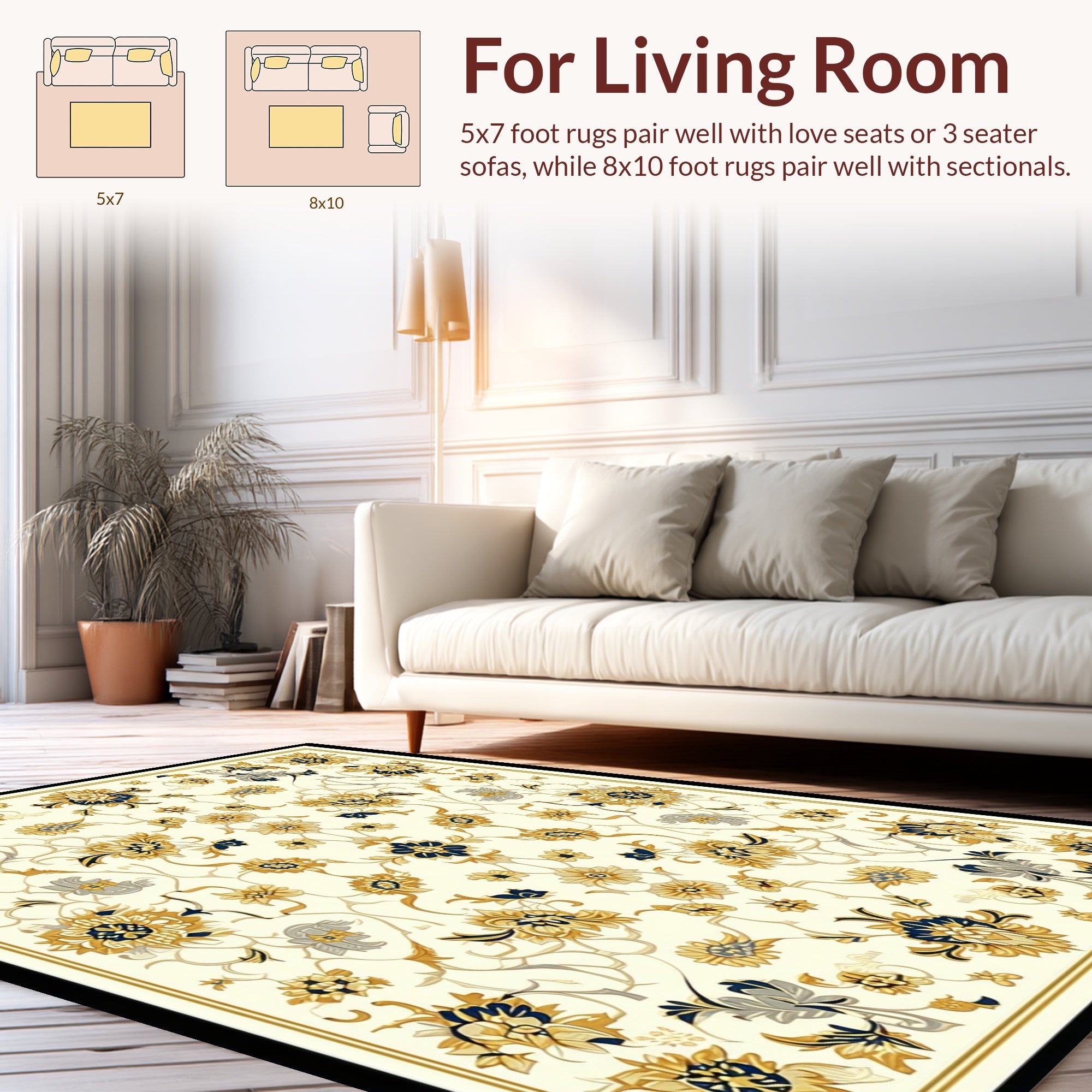 Classic Blue Gold Floral Pattern Rug