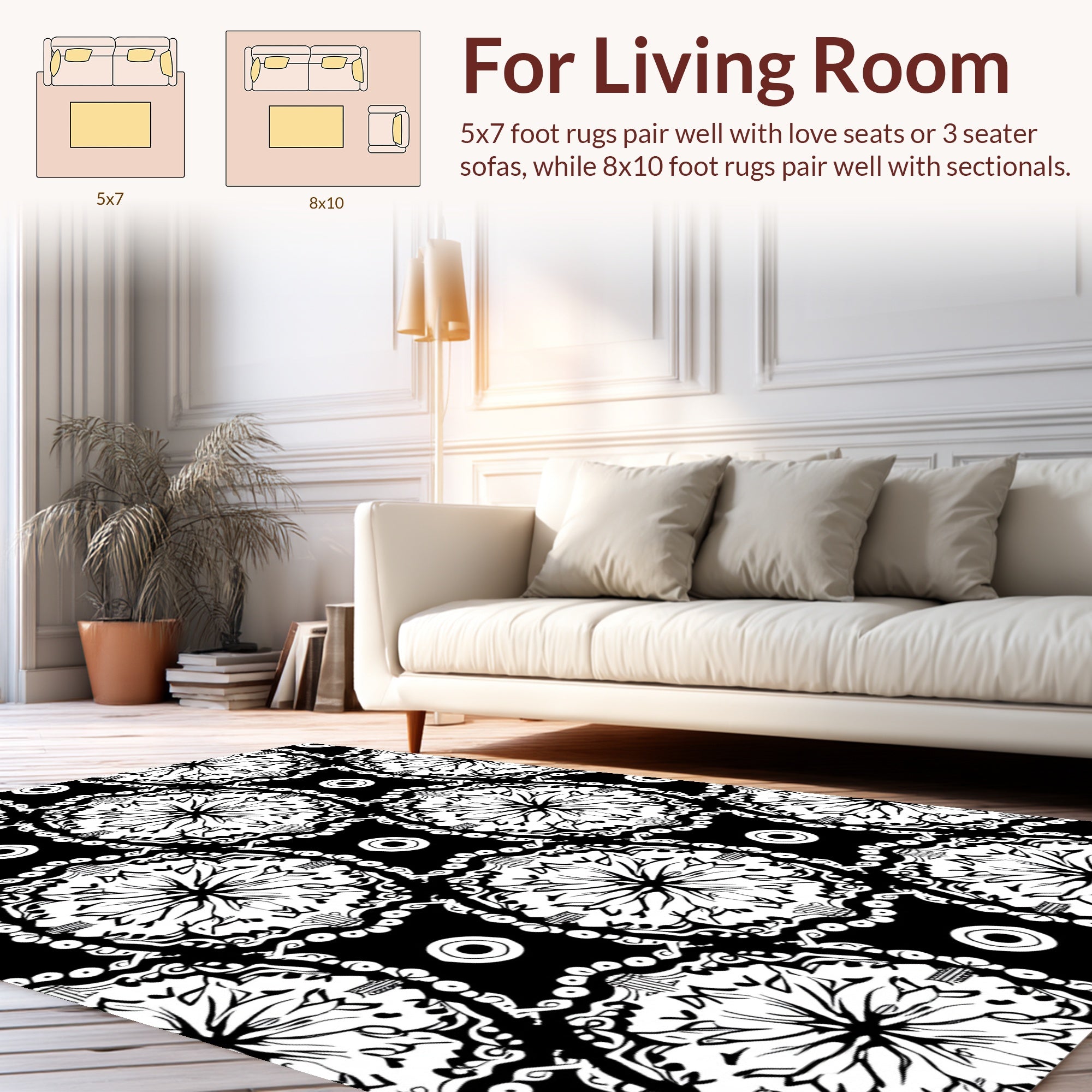 Classic Black White Mandala Pattern Rug