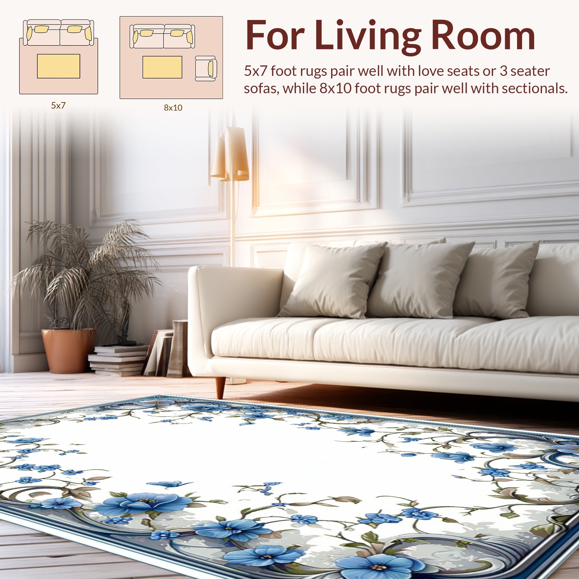 Classic Blue Floral Vine Design Rug