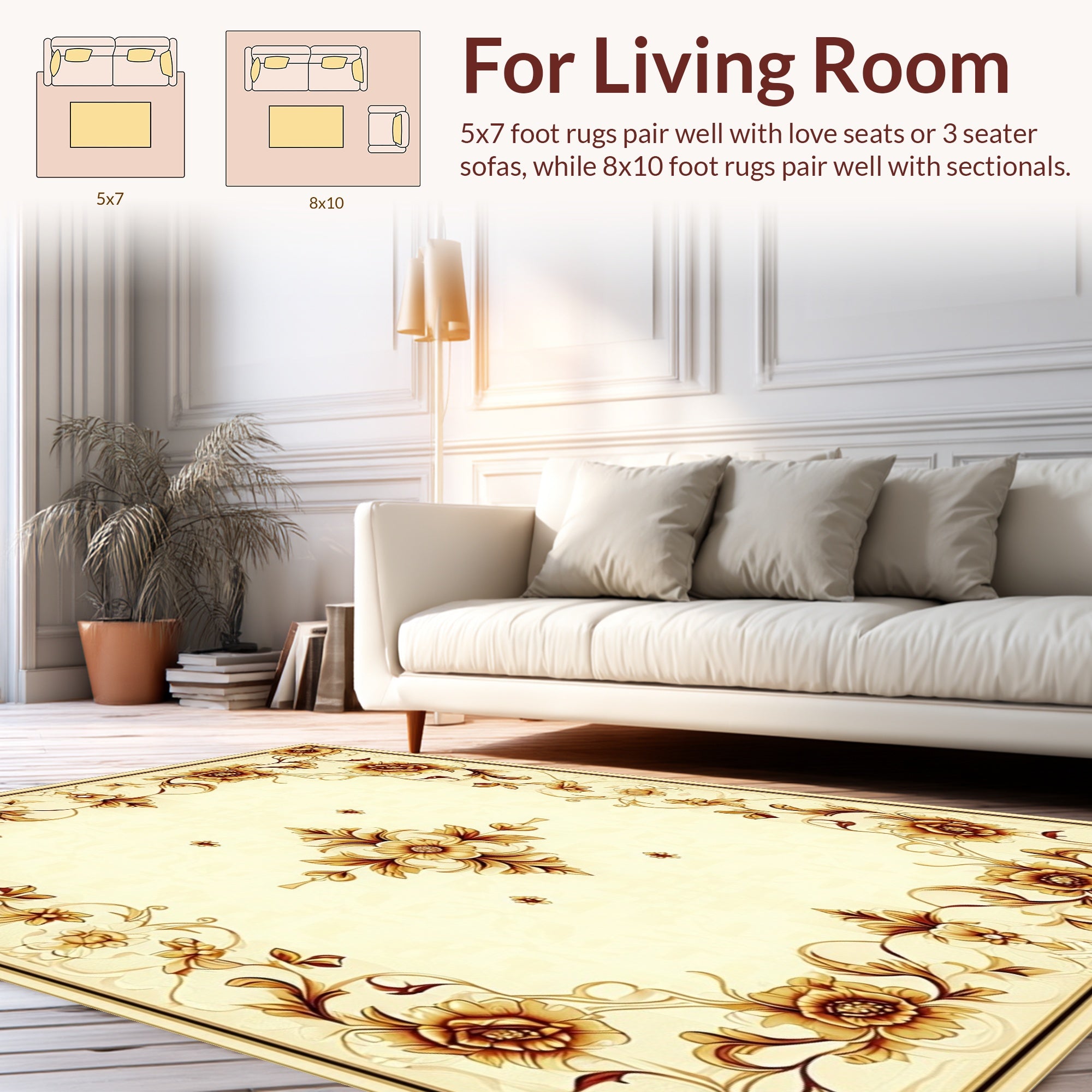 Elegant Golden Floral Scroll Pattern Rug