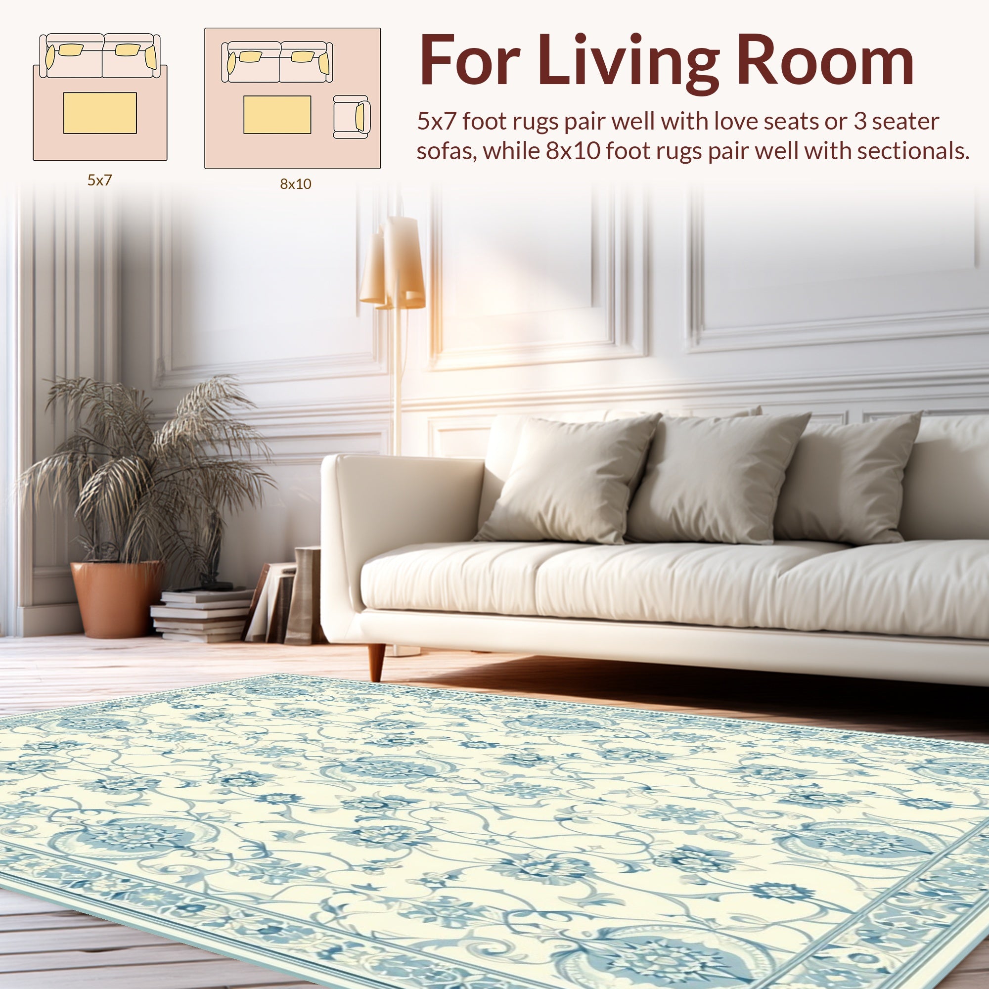 Ornate Blue Floral Border Pattern Rug