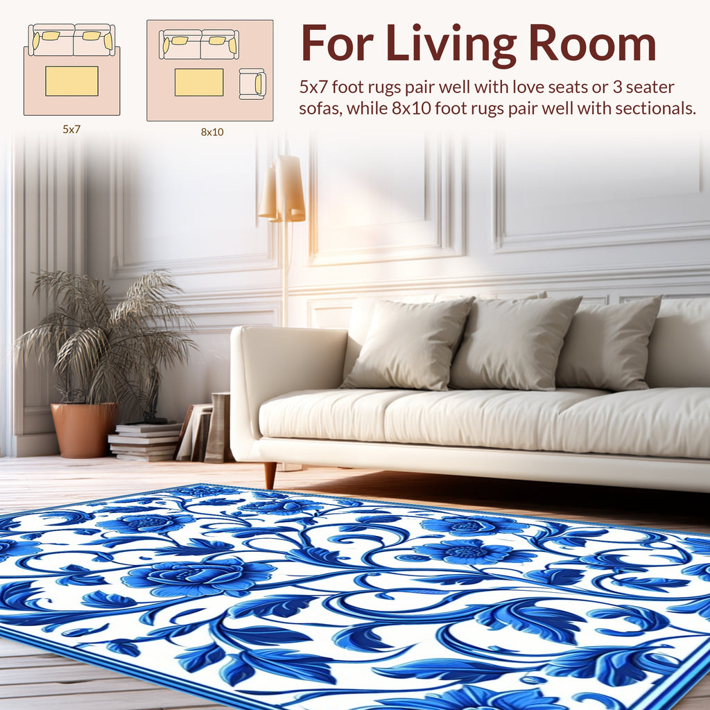 Blue Floral Scroll Pattern Rug
