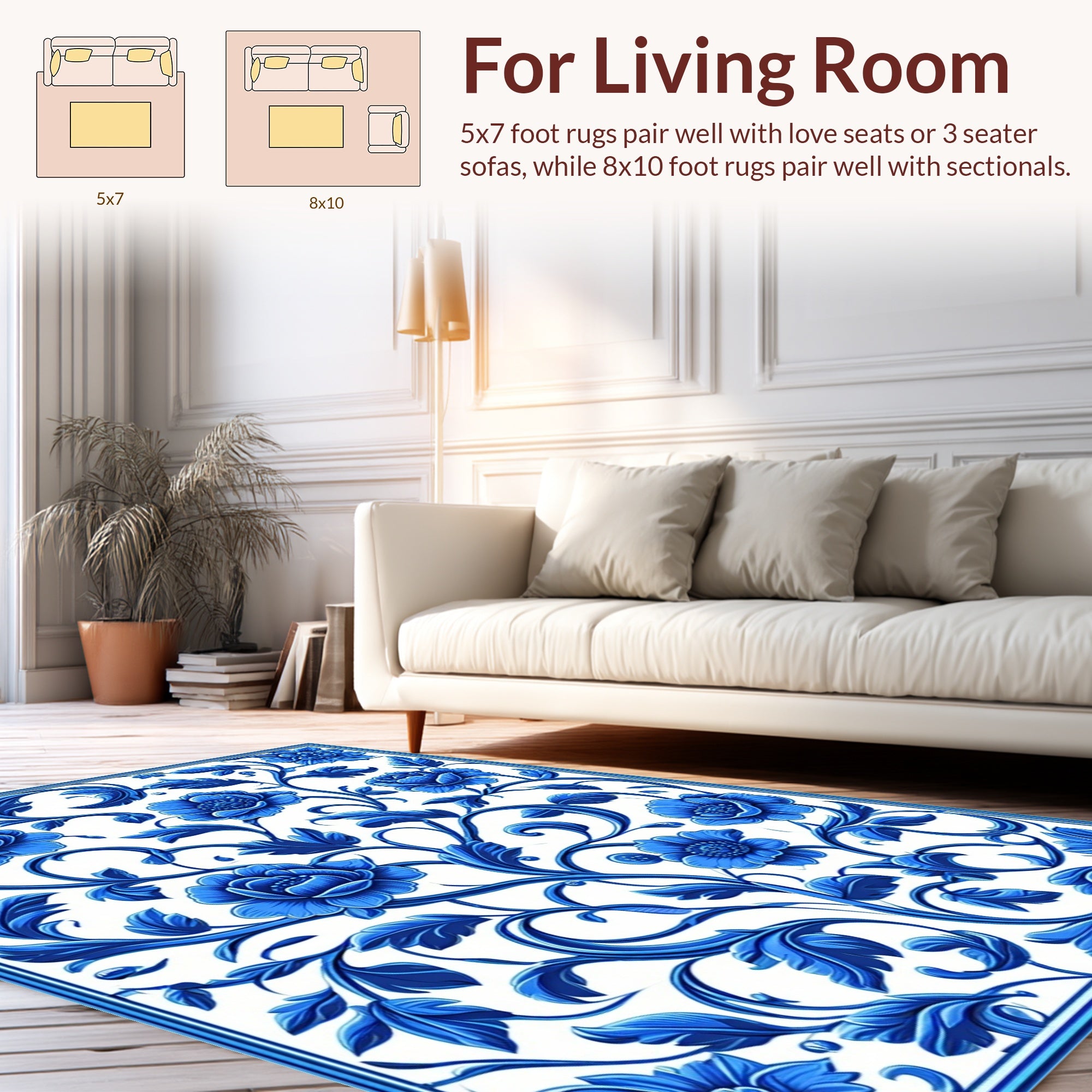 Blue Floral Scroll Pattern Rug