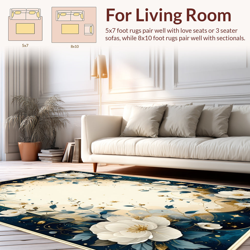 Elegant White Floral Blue Golden Accents Rug