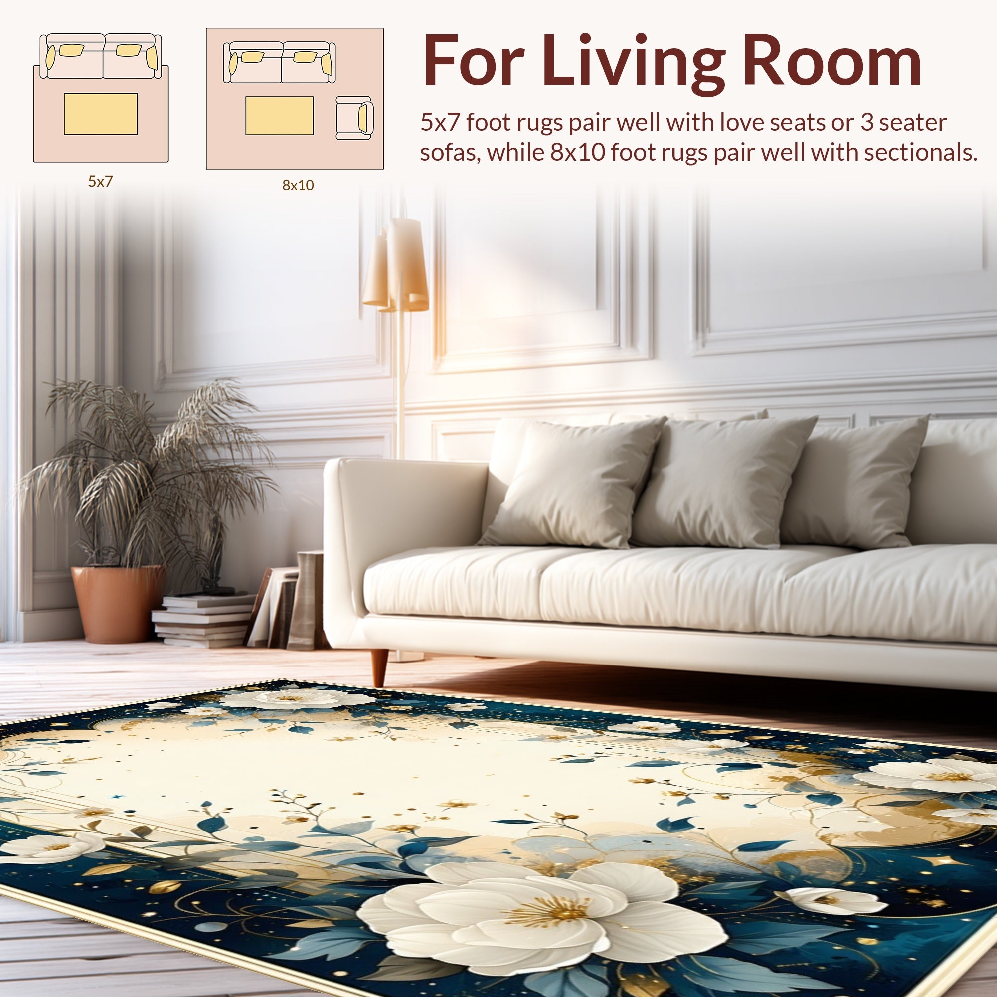Elegant White Floral Blue Golden Accents Rug