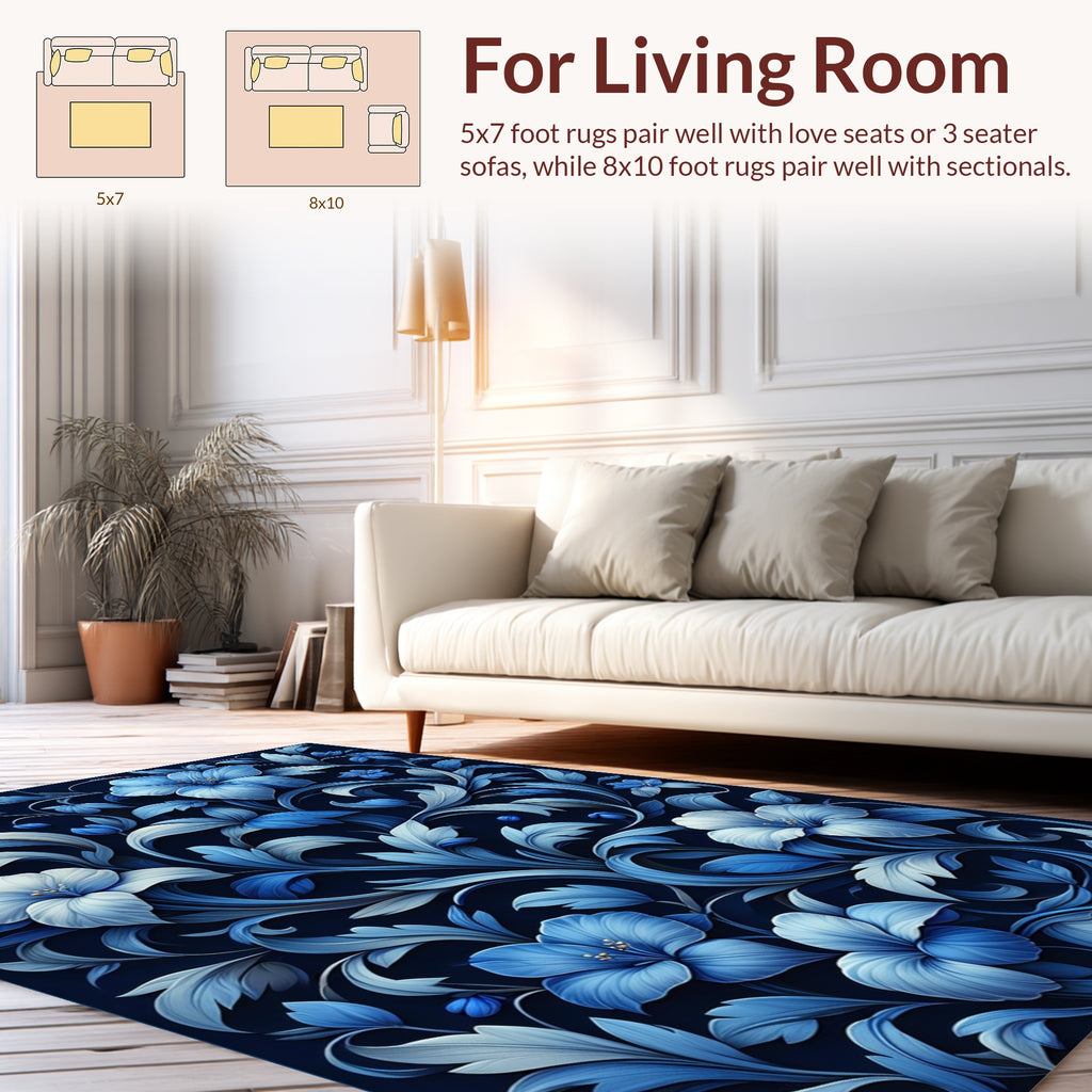 Midnight Blue Floral Swirls Rug