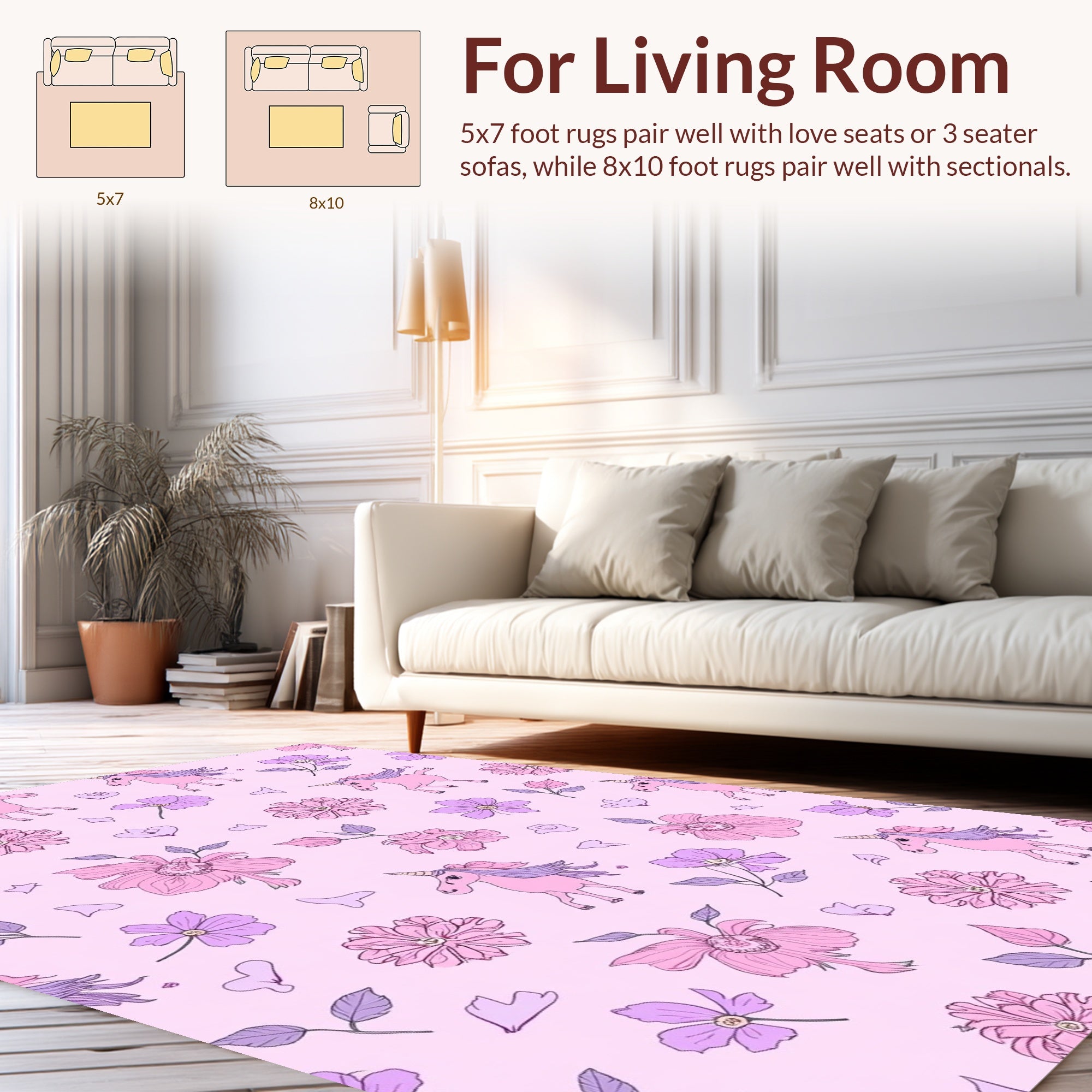 Whimsical Unicorn Floral Pattern Rug