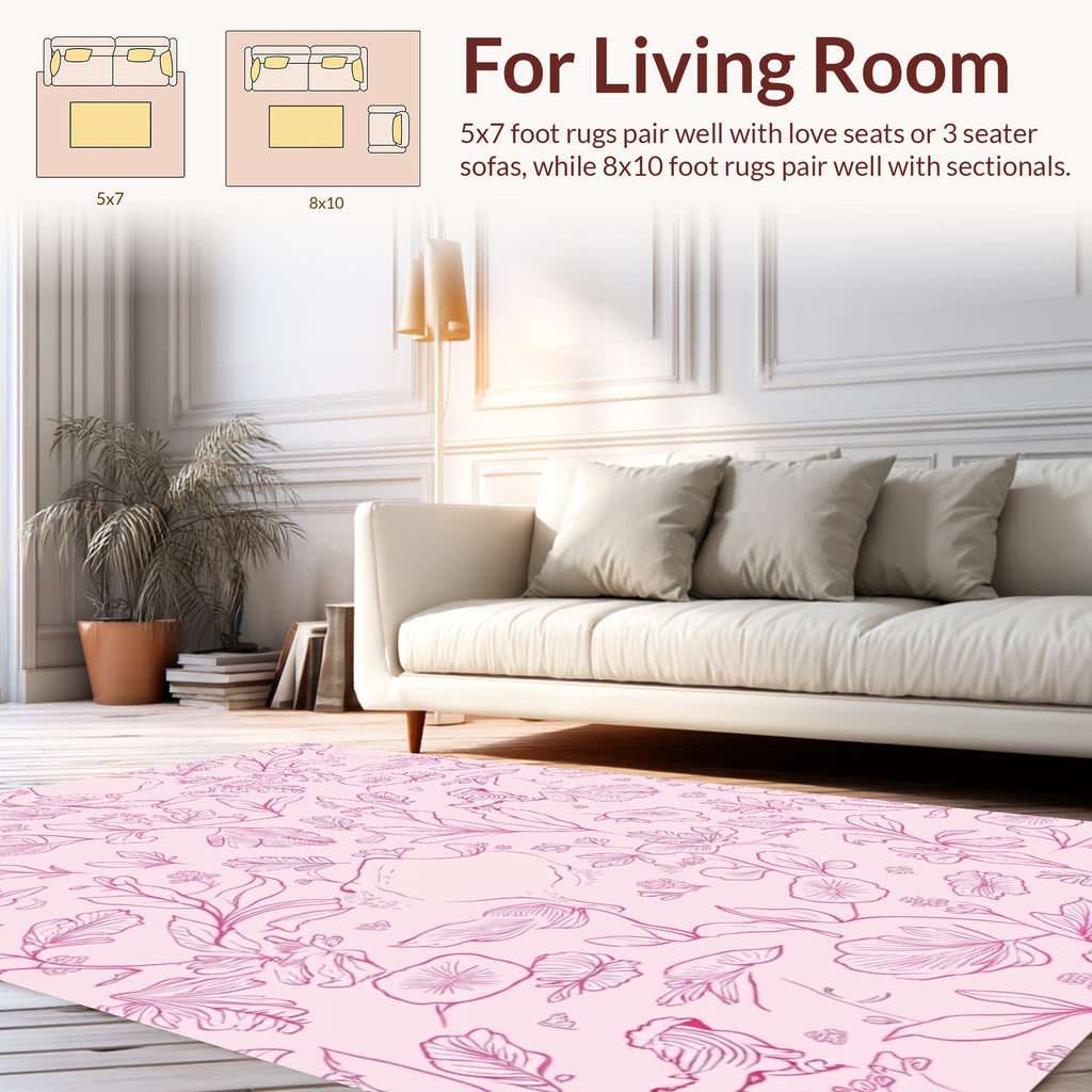 Pink Floral Outline And Botanical Sketch Rug