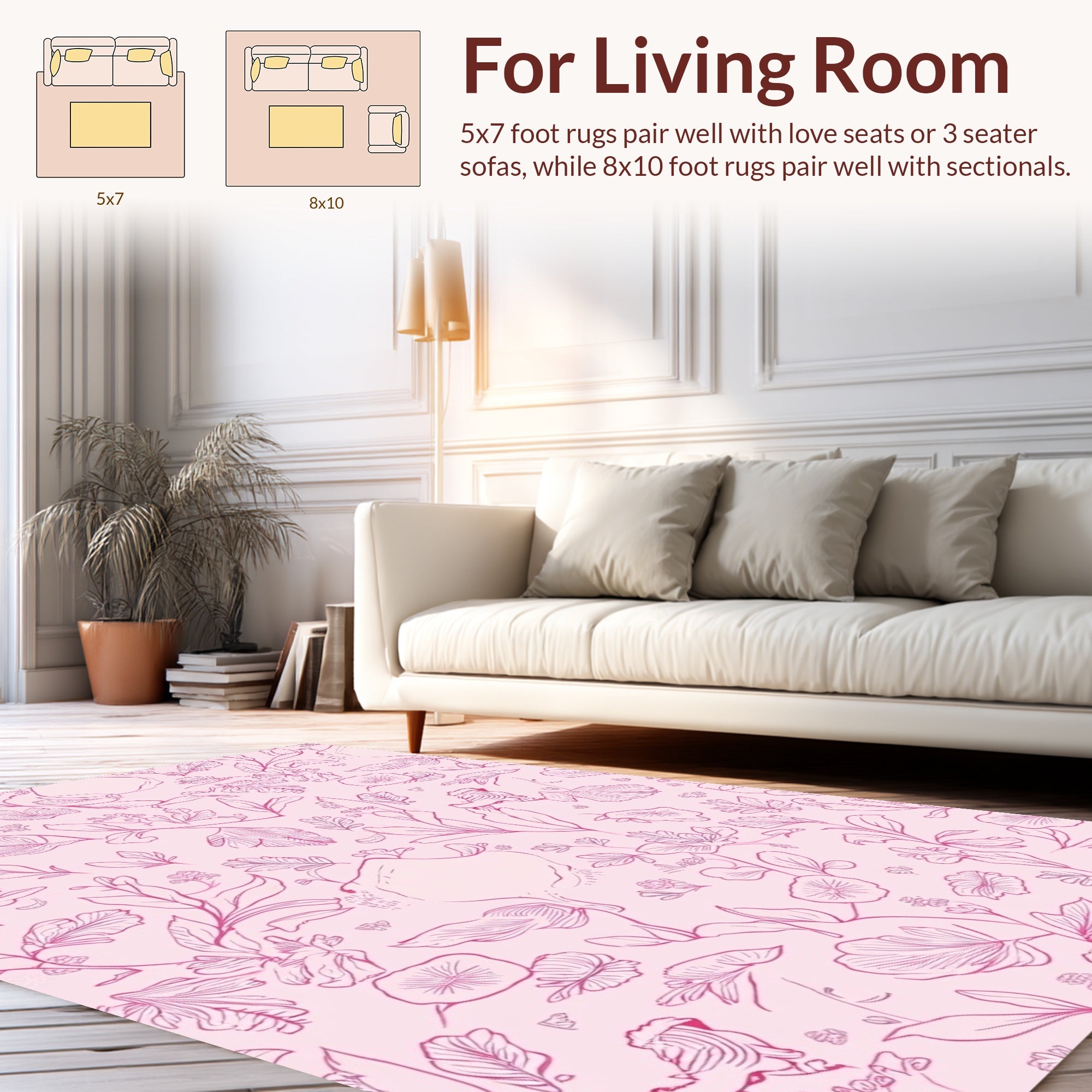 Pink Floral Outline And Botanical Sketch Rug