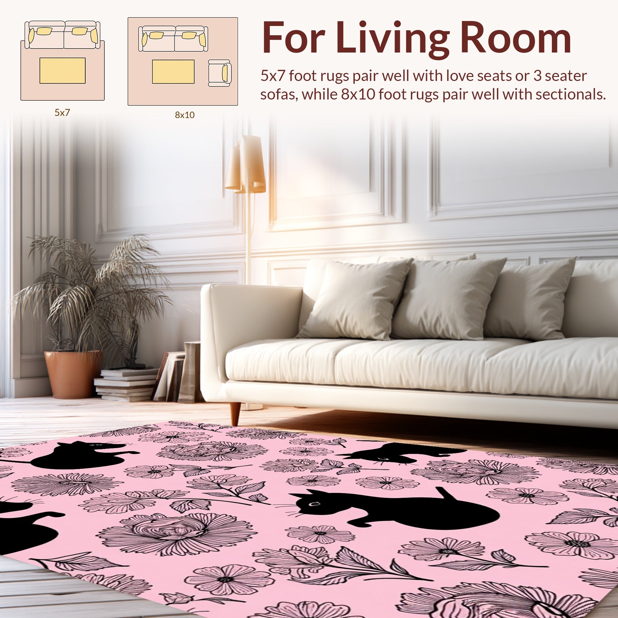 Whimsical Black Cat Floral Pattern Rug