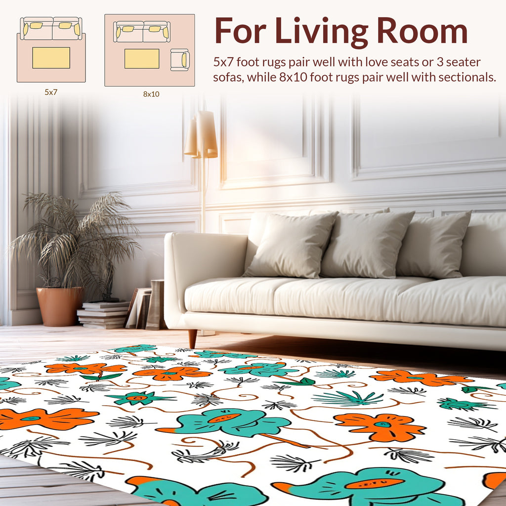 Playful Floral Pattern With Orange And Teal Rug
