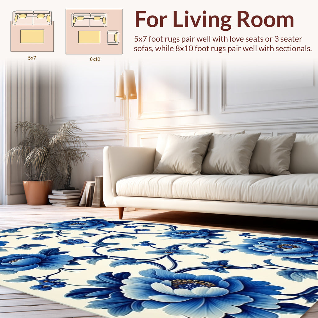 Classic Blue Floral Scroll Pattern Rug