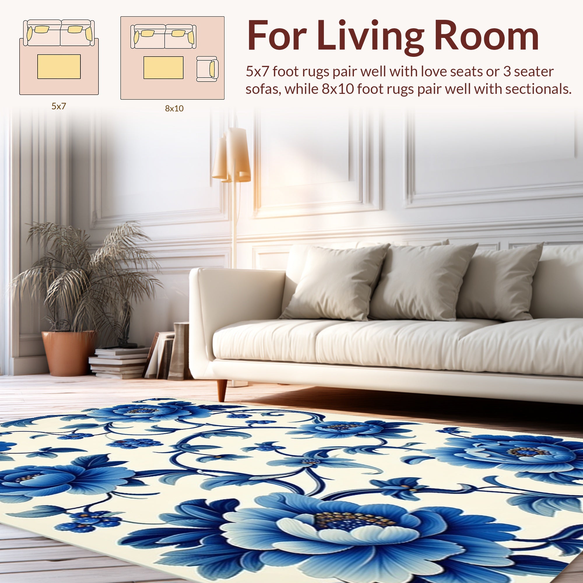 Classic Blue Floral Scroll Pattern Rug