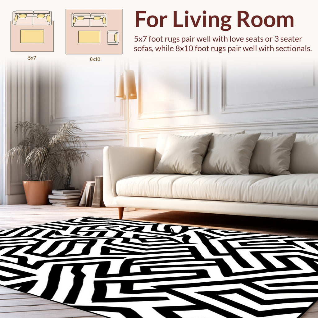 Bold Black White Geometric Lines Art Rug