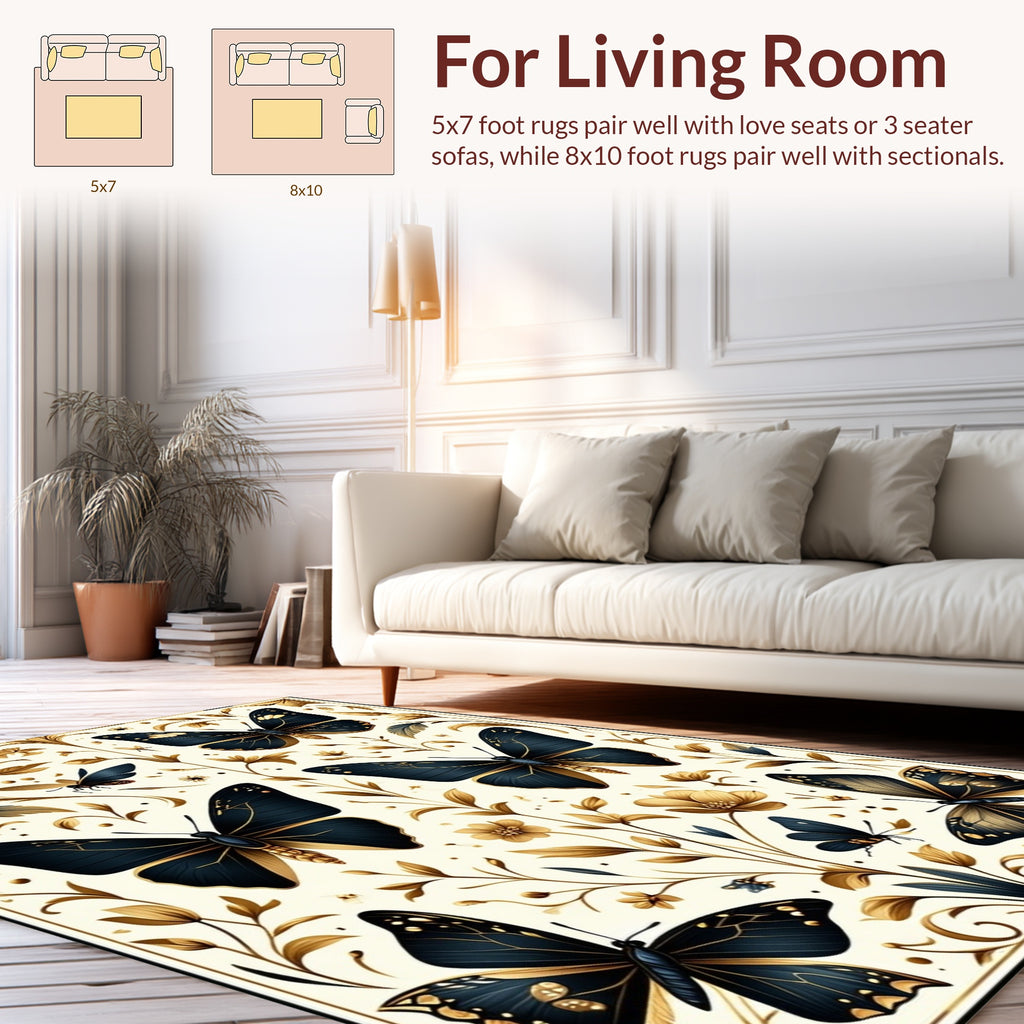 Dark Blue Gold Floral Butterfly Pattern Rug