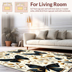 Dark Blue Gold Floral Butterfly Pattern Rug