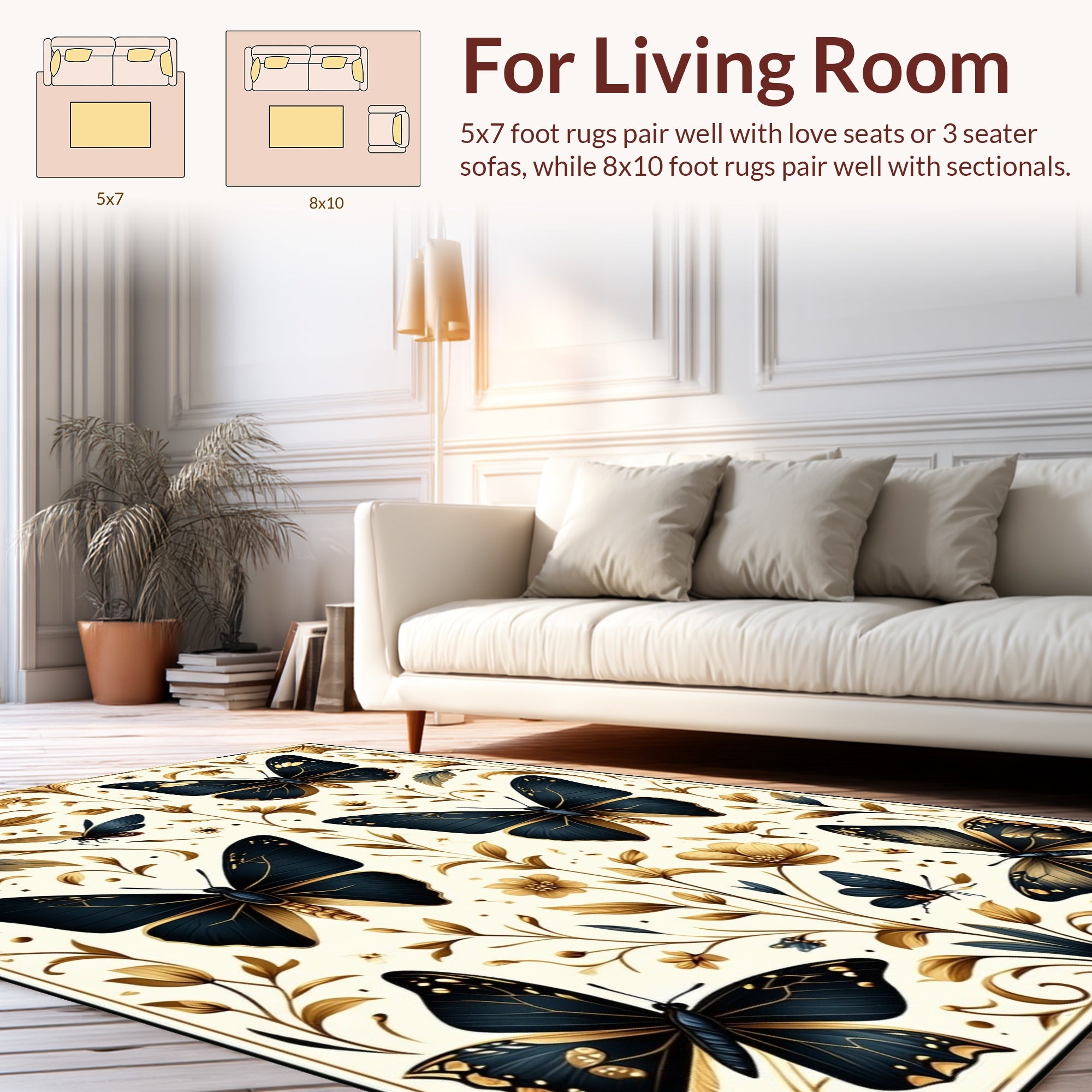 Dark Blue Gold Floral Butterfly Pattern Rug
