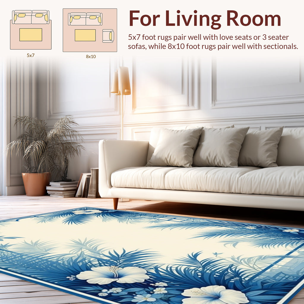 Tropical Blue Floral Palm Frame Rug