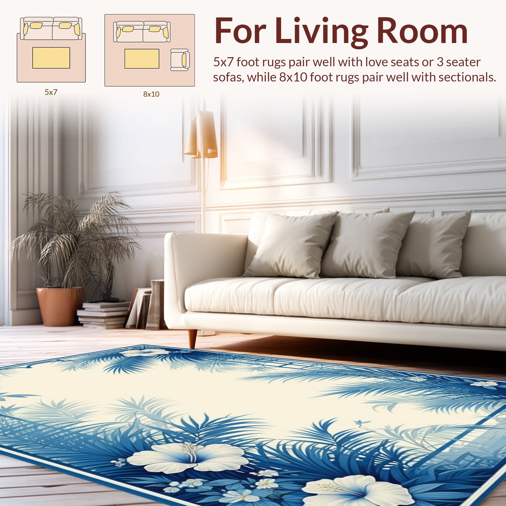 Tropical Blue Floral Palm Frame Rug