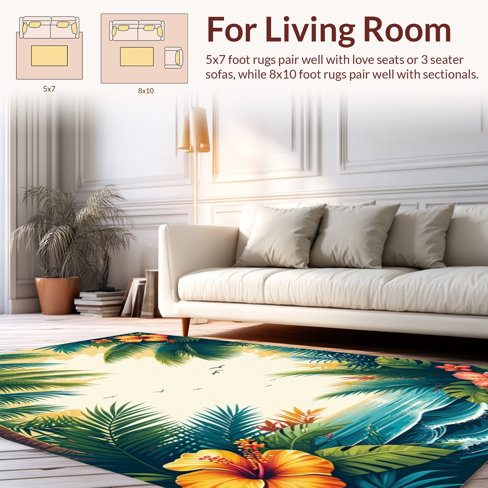 Tropical Hibiscus Palm Leaves Ocean View Rug