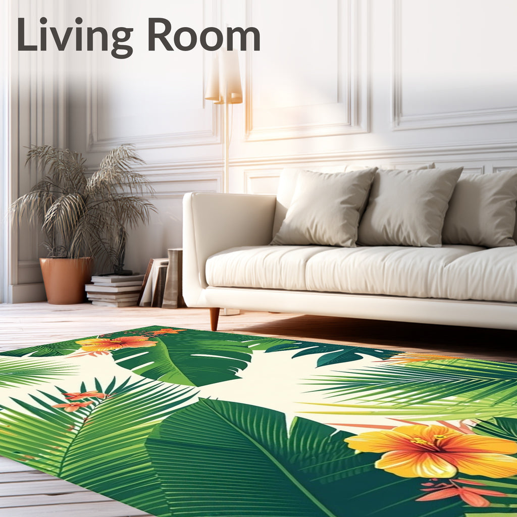 Tropical Paradise Leaf and Hibiscus Print Rug