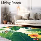 Tropical Paradise Leaf and Hibiscus Print Rug