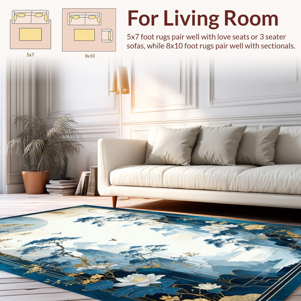 Serene Blue Gold Landscape Artwork Rug