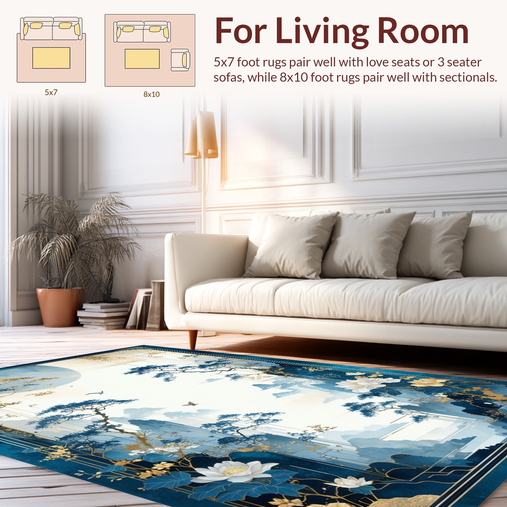Serene Blue Gold Landscape Artwork Rug