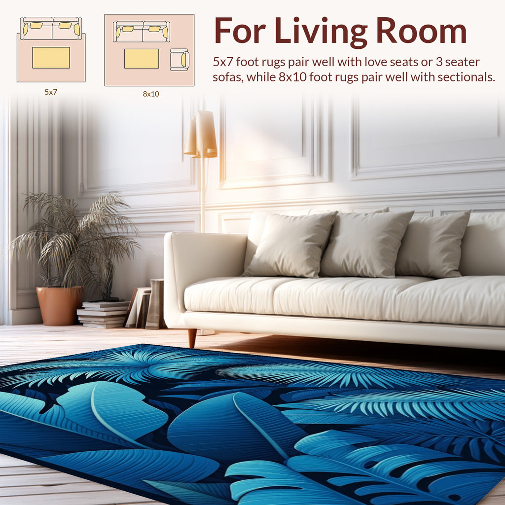 Deep Blue Tropical Foliage Design Rug