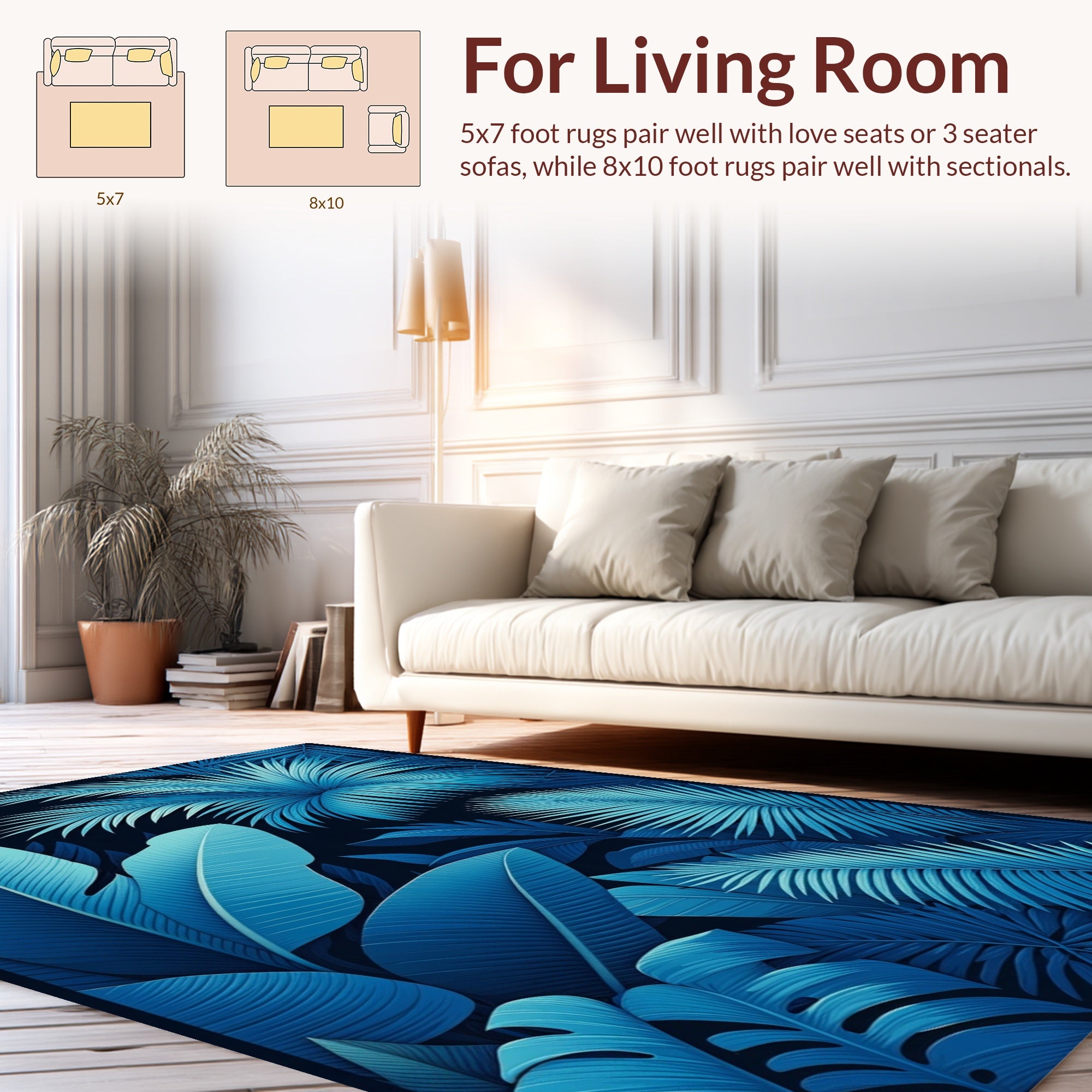 Deep Blue Tropical Foliage Design Rug