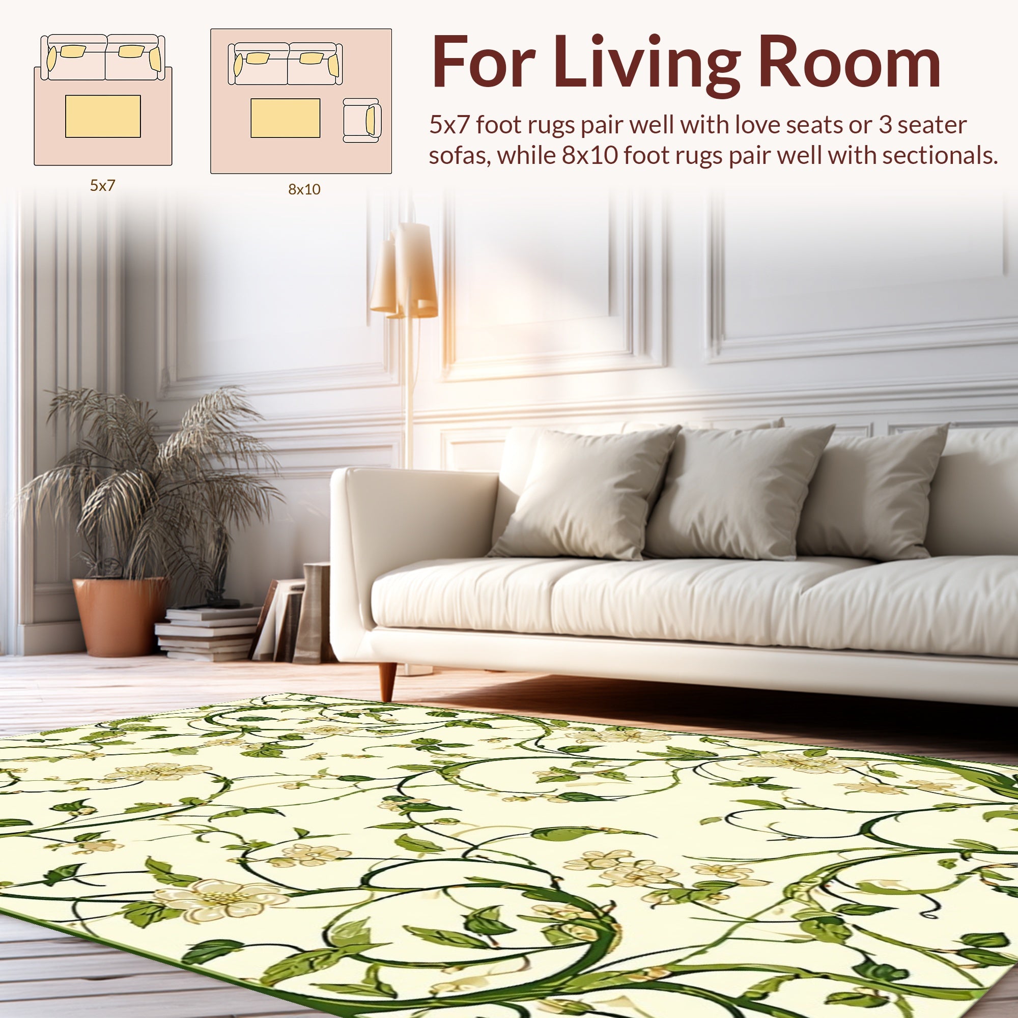 Cream Floral Vine Patterned Rug