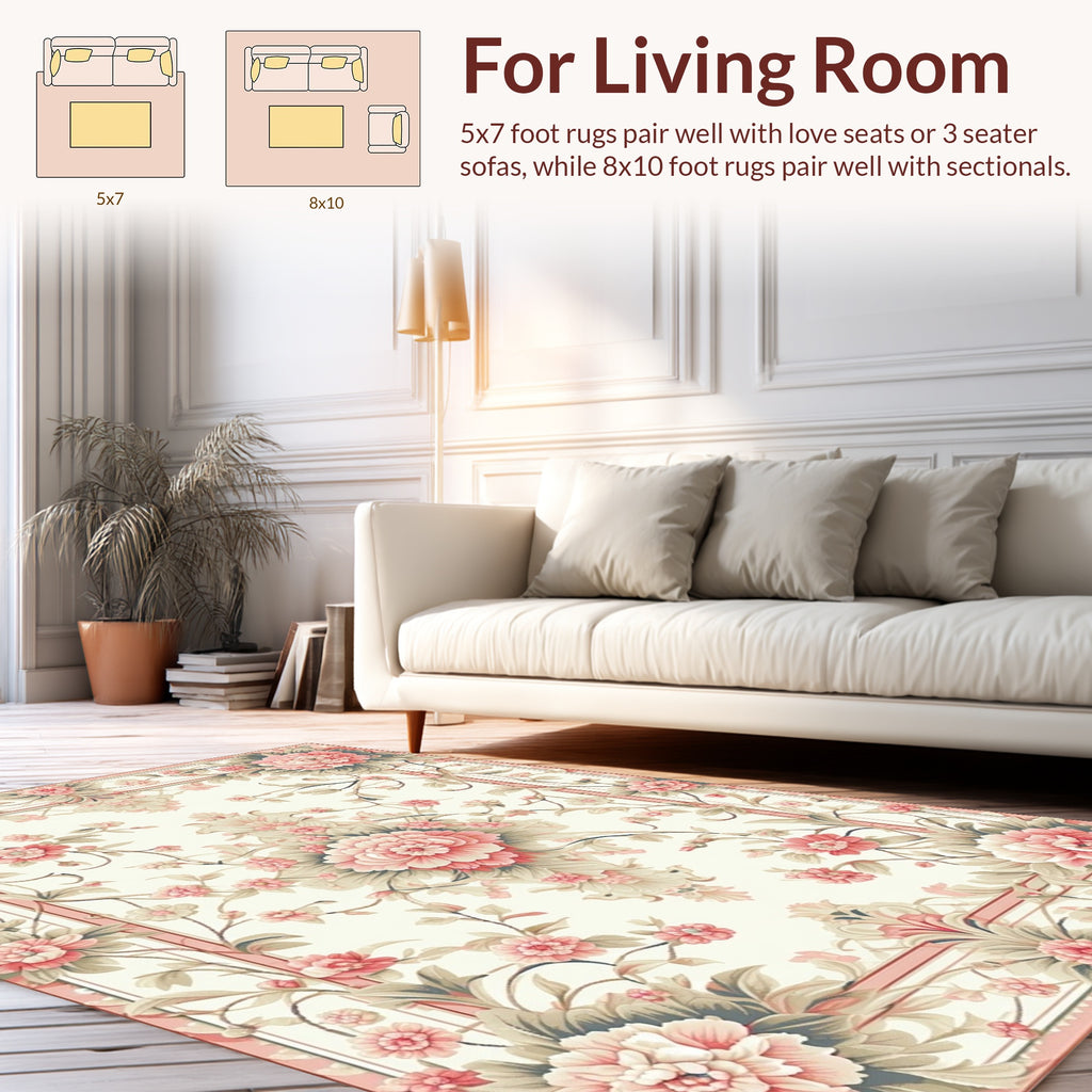 Elegant Coral Pink Floral Scroll Border Rug