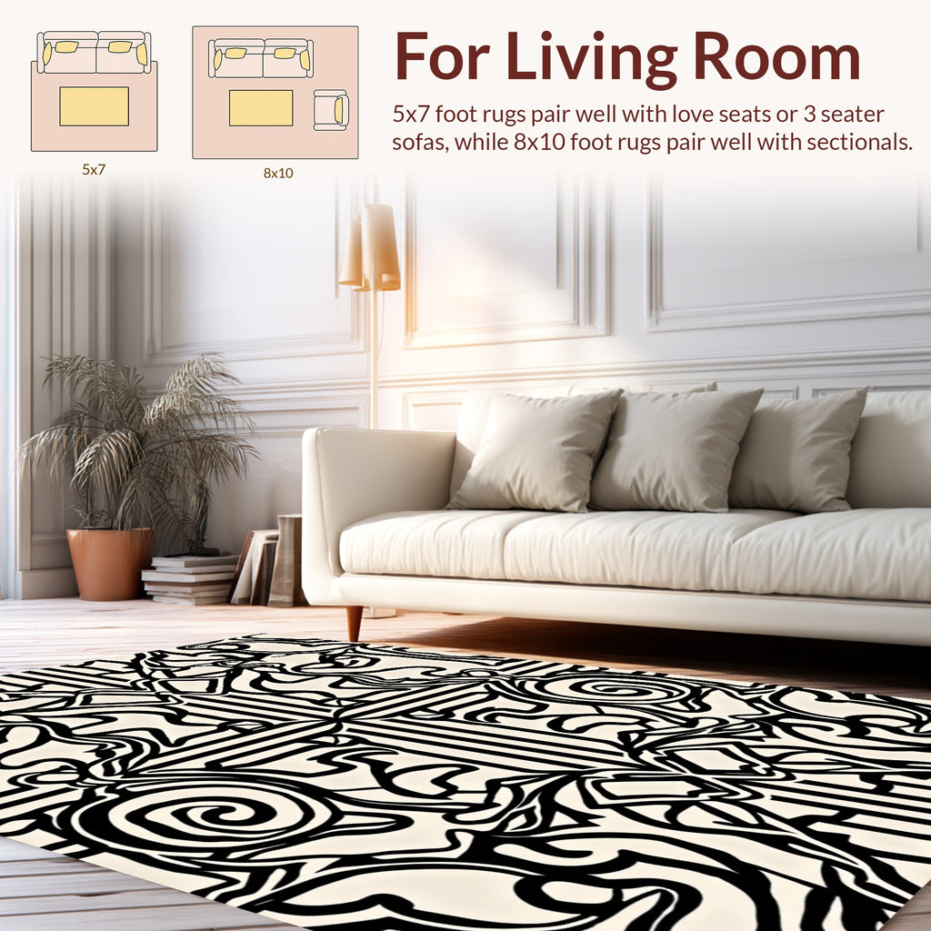 Bold Black White Scroll Pattern Rug