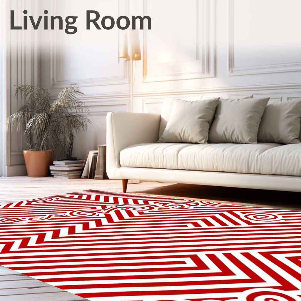 Dynamic Red White Swirl Geometric Rug