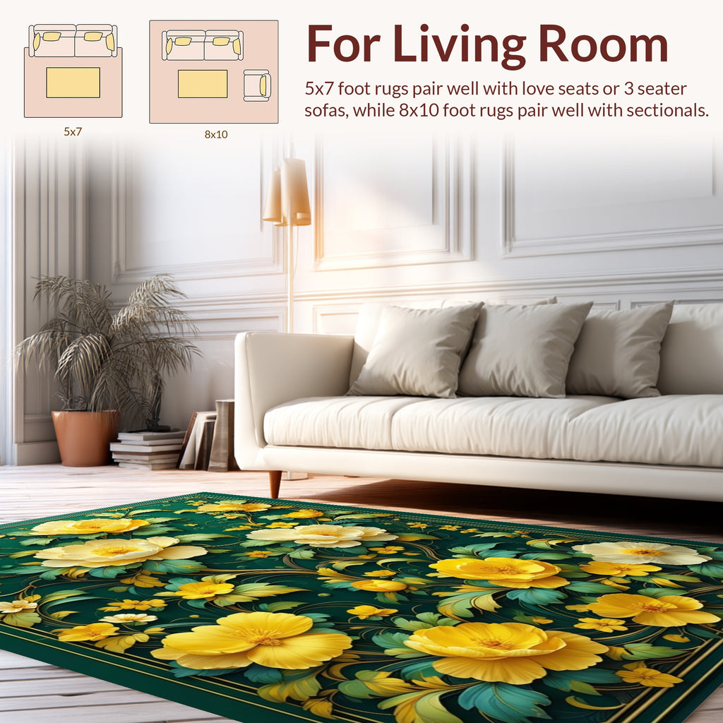 Lush Yellow Floral Vine Pattern Rug