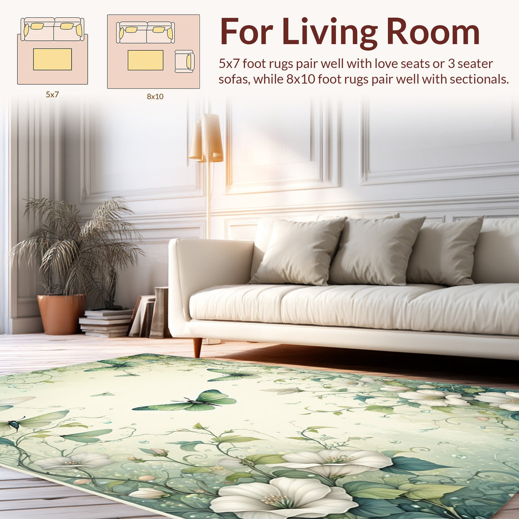 Whimsical Green Butterflies and Flowers Rug