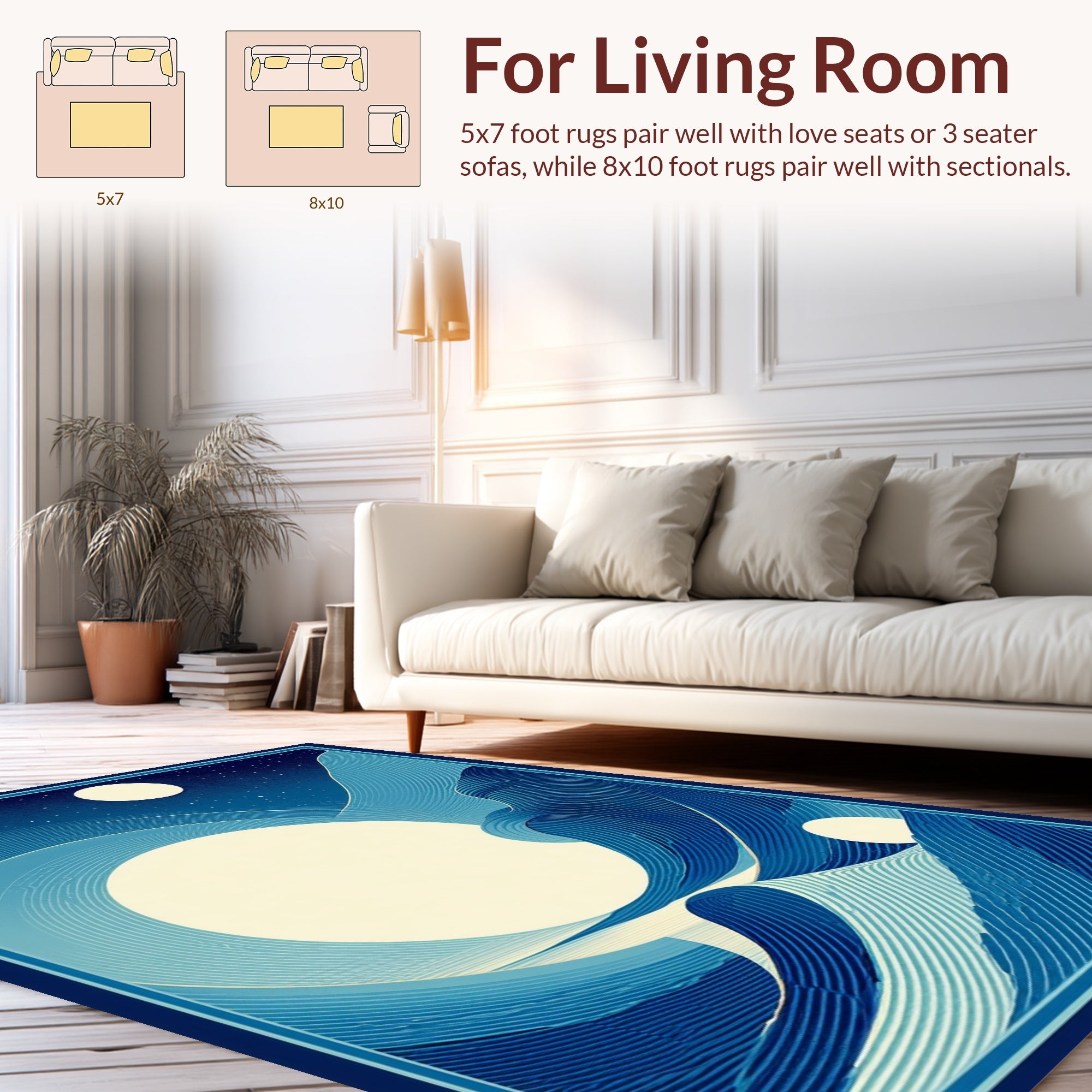Abstract Blue Wave Moonscape Pattern Rug